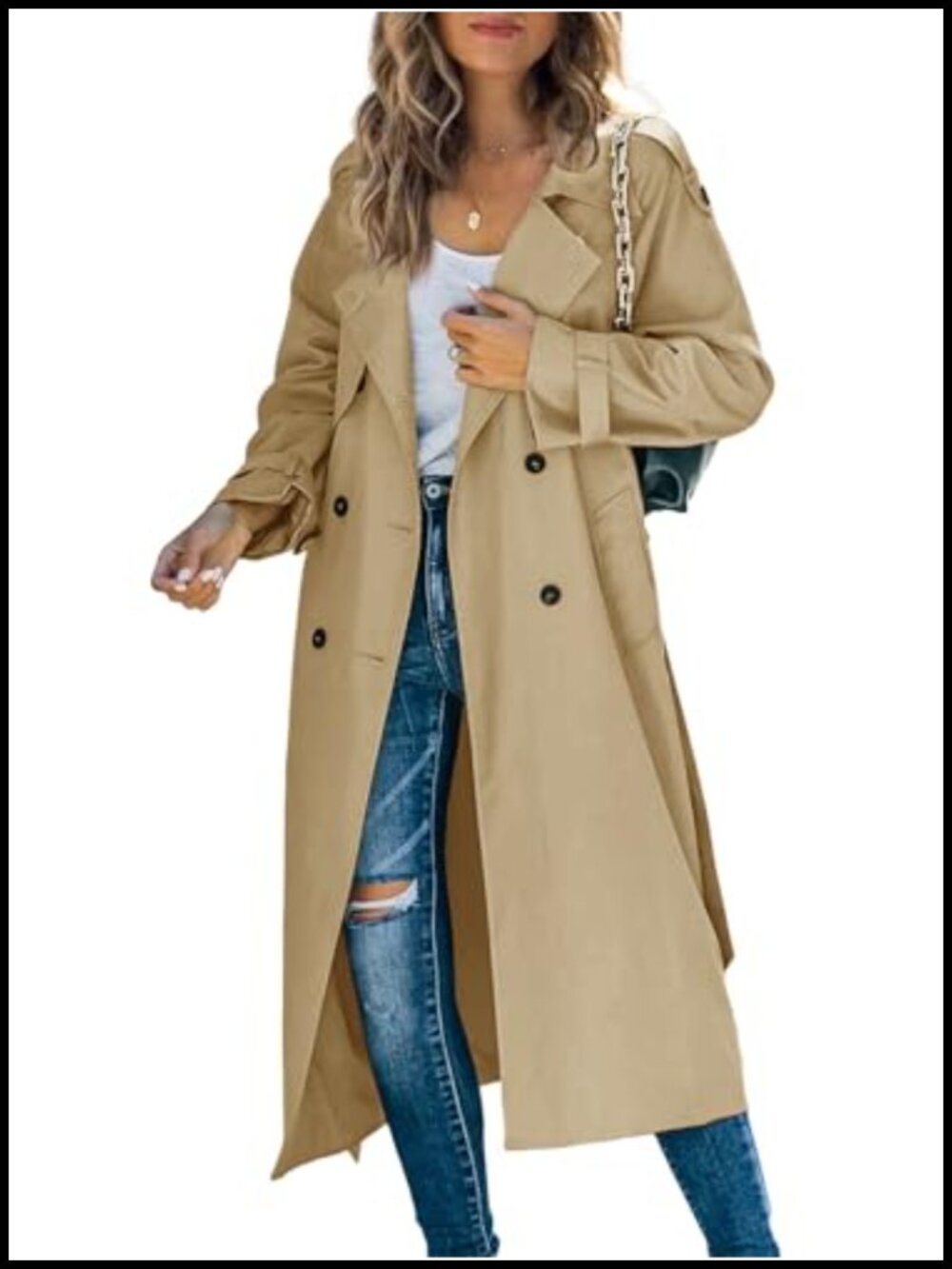 Womens Long Trench Coat Double Breasted Windproof Overcoat With Belt